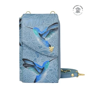 ANUSCHKA 1173 HAND PAINTED LEATHER CROSSBODY PHONE CASE BLUE HUMMING BIRDS