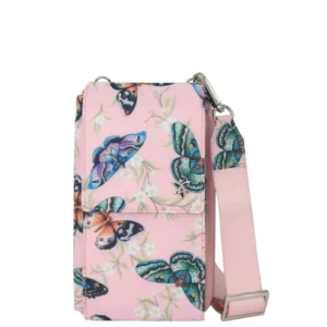 ANUSCHKA 13012 Wanderlust Luxe Fabric Phone Organizer Wallet CROSSBODYSTRAP PINK WITH BUTTERFLIES