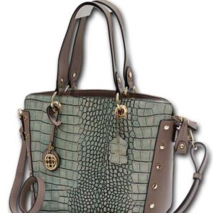 MC HANDBAGS #5178 CORINE CROC EMBOSSED LEATHER SHOULDER BAG SAGE GREEN / TAUPE COMBO