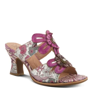 L'ARTISTE ALANIA HAND PAINTED PURPLE FLORAL LEATHER SLIDE SANDAL