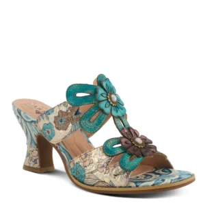 L’ARTISTE ALANIA HAND PAINTED TURQUOISE FLORAL LEATHER SLIDE SANDAL