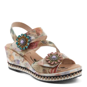 L'ARTISTE BLISSFUL BIEGE FLORAL EMBOSSED MULTI STRAP WEDGE SANDAL