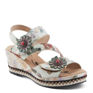 L'ARTISTE BLISSFUL ICE FLORAL EMBOSSED MULTI STRAP WEDGE SANDAL