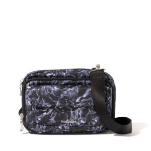 baggallini modern double zip crossbody DBZ864 B1089 BLACK DIVINE ROSE PRINT