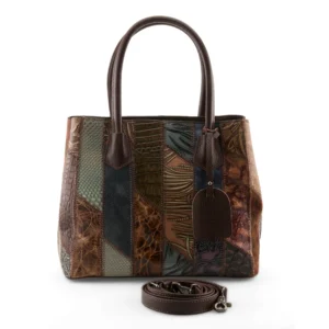 L'ARTISTE-HB EXETTE DARK BROWN RAINBOW MULTI COLOR AND TEXTURED THREE COMPARTMENT TOP ZIP TOTE