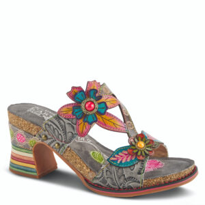 L’ARTISTE ROSSIE GRAY MULTICOLOR AND TEXTURED LEATHER MID HEEL SLIDE WITH ADJUSTABLE STRAP