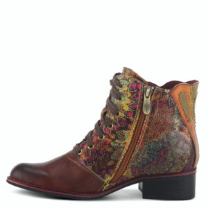 L'ARTISTE BENATAR-BROWN MULTI TEXTURED LEATHER WESTERN LACE UP BOOTIE WITH SIDE ZIP